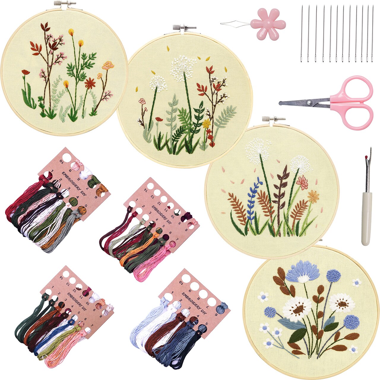 4 Sets Embroidery Set for Beginners, Art Craft, Easy Sewing Embroidery Kit Includes Embroidered Clothes with Patterns, Embroidery Hoops, Instruction Manual, Colorful Stitch Set (2 Most)